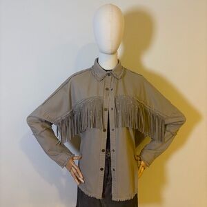 ZARA NWOT Taupe Oversize Western Fringe Denim Shirt Jacket XS